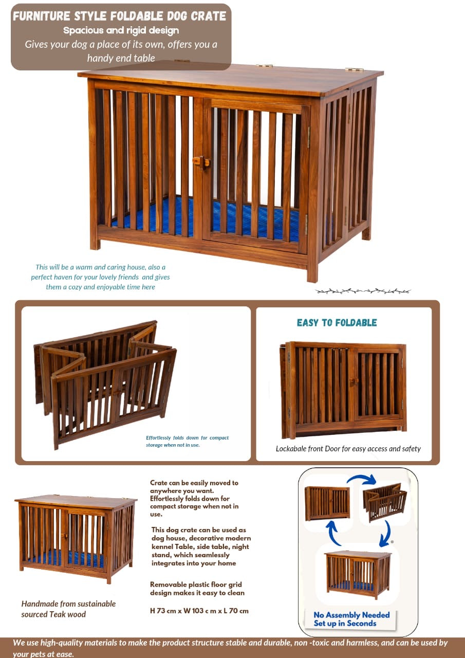 Timberla Foldable Dog House, Indoor Outdoor Wooden Crate Kennel Cage for Small & Medium Pets with Solid Teak Wood