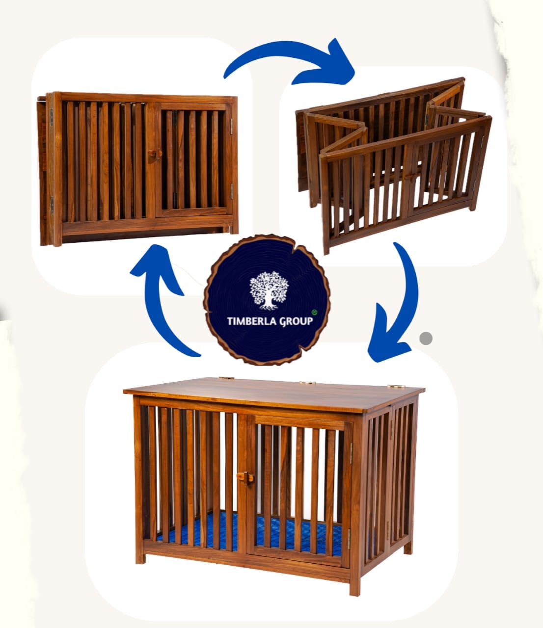 Timberla Foldable Dog House, Indoor Outdoor Wooden Crate Kennel Cage for Small & Medium Pets with Solid Teak Wood